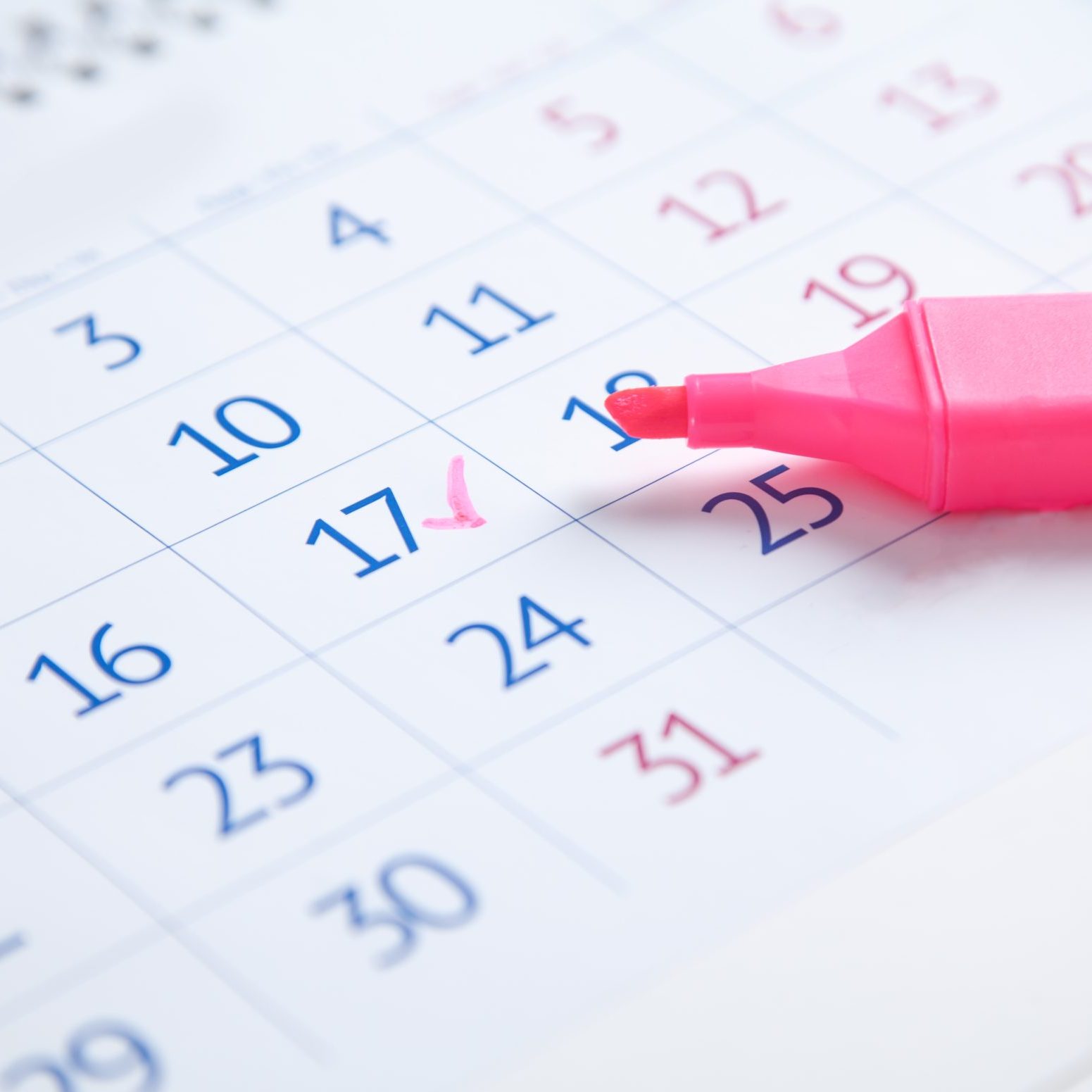 17th of the month. Calendar with a marker